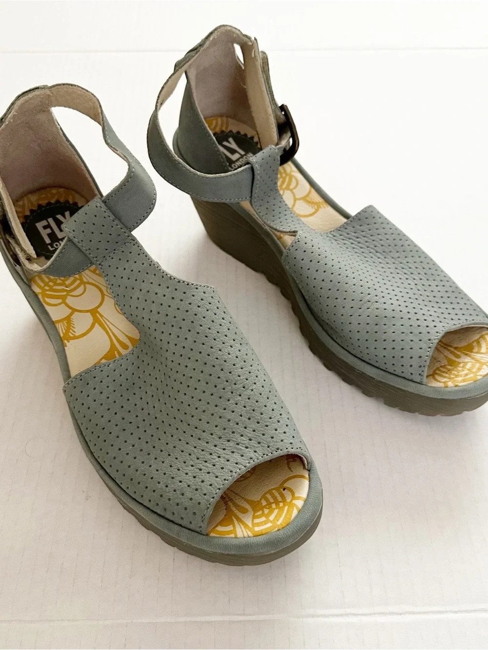 Fly London Yall Cupido Perforated Peep Toe Cut Out Wedge Heel 38 Pale Blue NEW